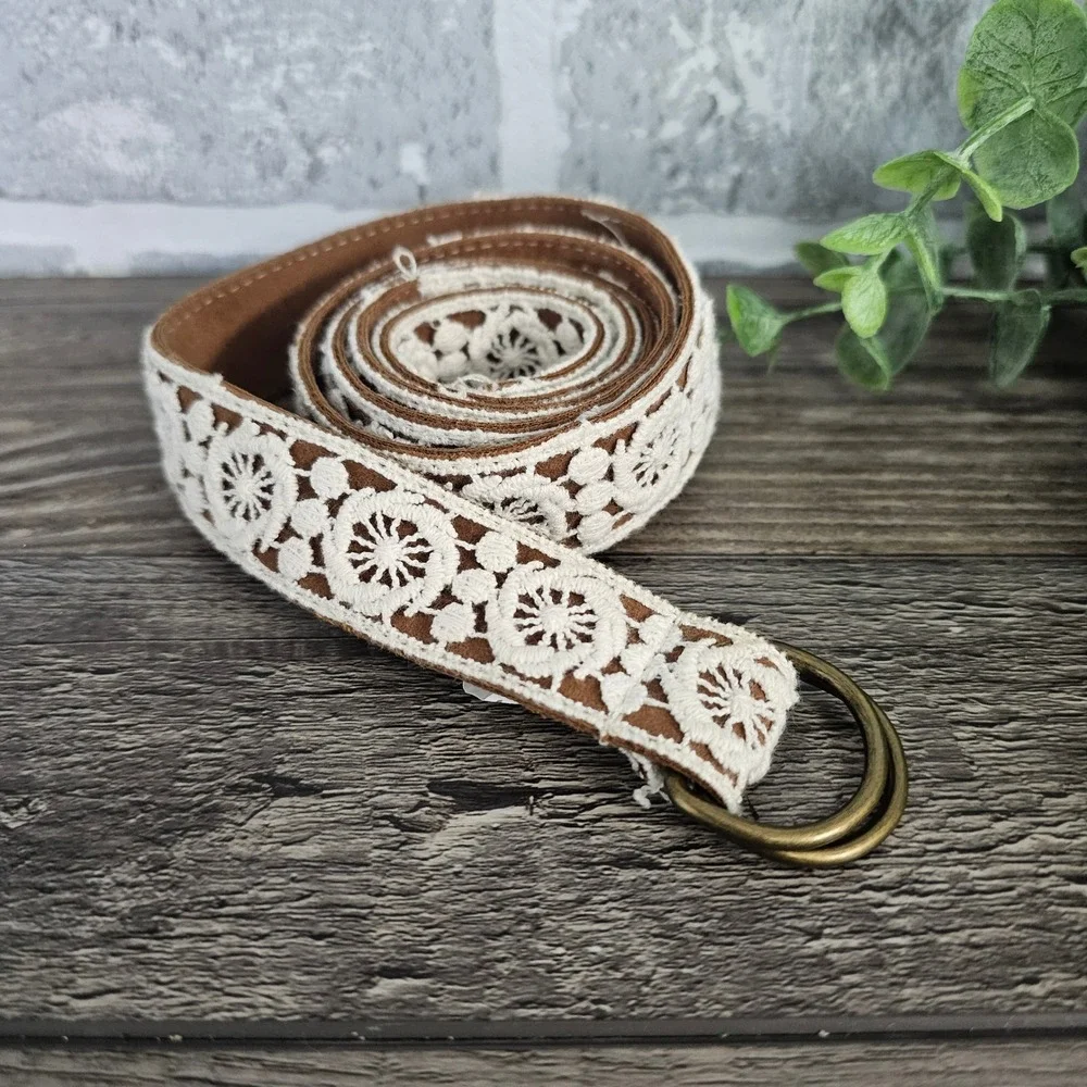 Girls Size 16 Boho Lace Crochet Belt Cream Brown D Ring Buckle Cottagecore